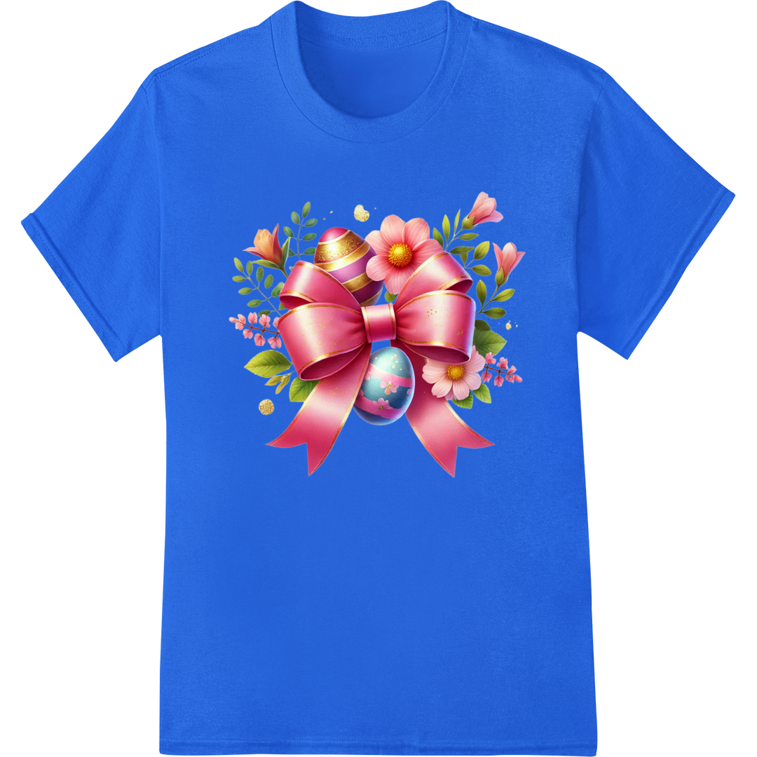 Floral Easter Egg Bow DTF Print Heat Transfer | Super DTF on blue shirt - SUPERDTF-DTF Prints-DTF Transfers-Custom DTF Prints