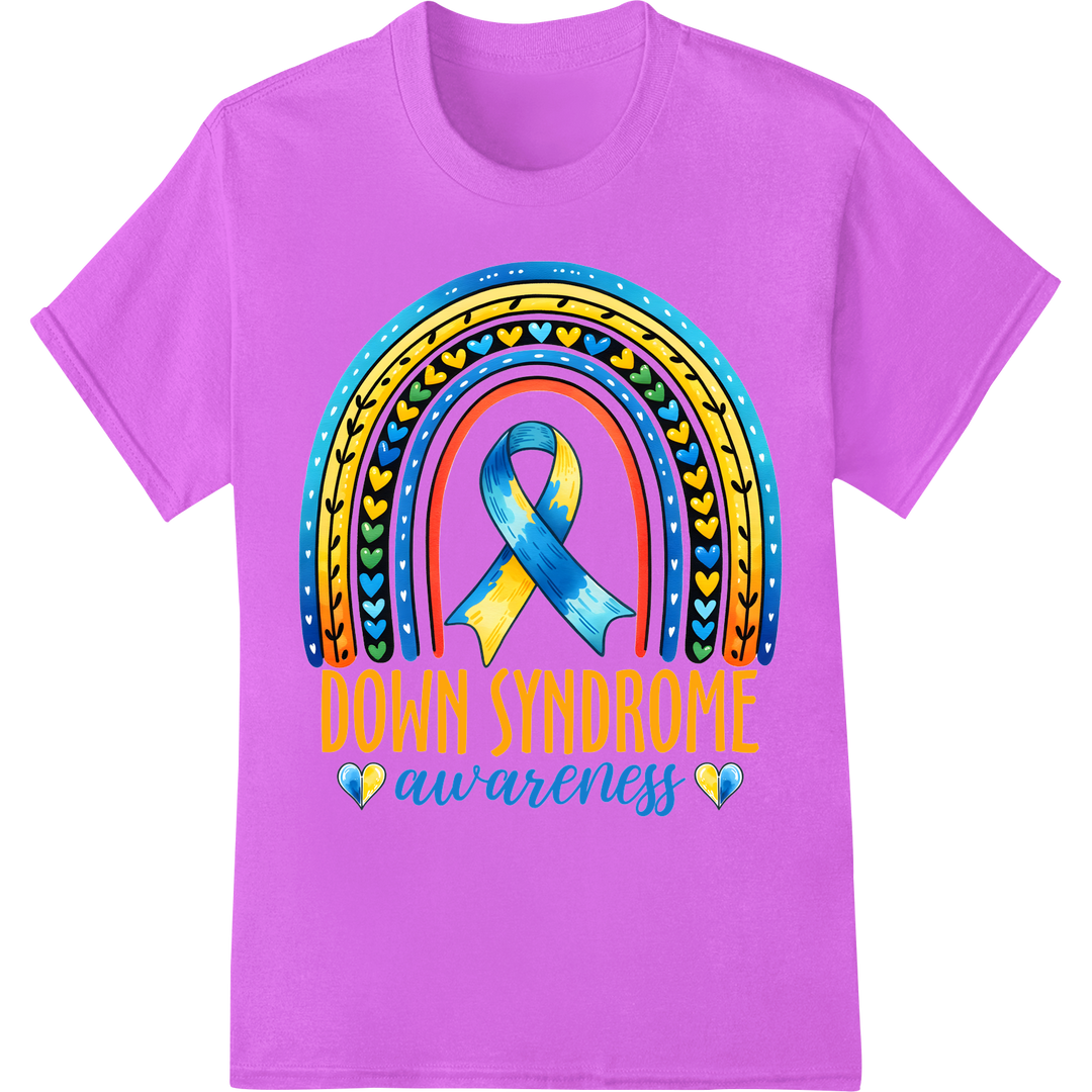 Vibrant Down Syndrome Awareness Rainbow Ribbon DTF Print on purple shirt - SUPERDTF-DTF Prints-DTF Transfers-Custom DTF Prints