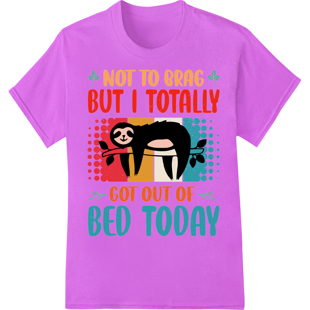 Retro Sloth Gets Out of Bed | Funny Lazy Day DTF Print Transfer on purple shirt - SUPERDTF-DTF Prints-DTF Transfers-Custom DTF Prints