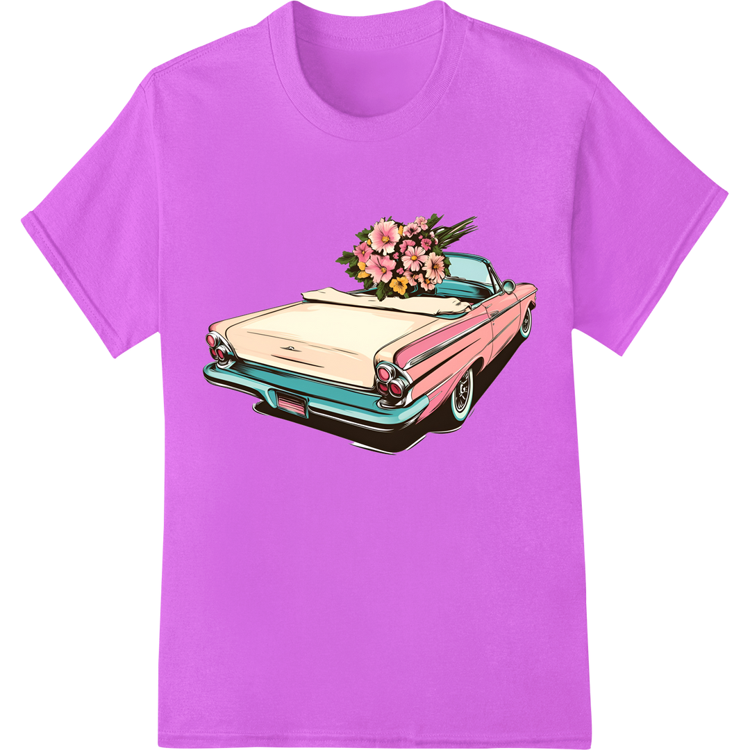 Retro Pop Art Car with Floral Bouquet DTF Print Transfer on purple shirt - SUPERDTF-DTF Prints-DTF Transfers-Custom DTF Prints