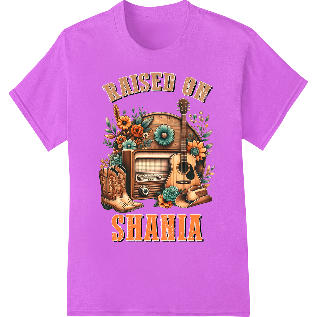 Vintage Country Vibes: 'Raised on Shania' DTF Print Transfer on purple shirt - SUPERDTF-DTF Prints-DTF Transfers-Custom DTF Prints