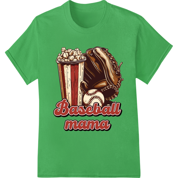 Baseball Mama Popcorn Glove Bat DTF Print Heat Transfer on green shirt - SUPERDTF-DTF Prints-DTF Transfers-Custom DTF Prints