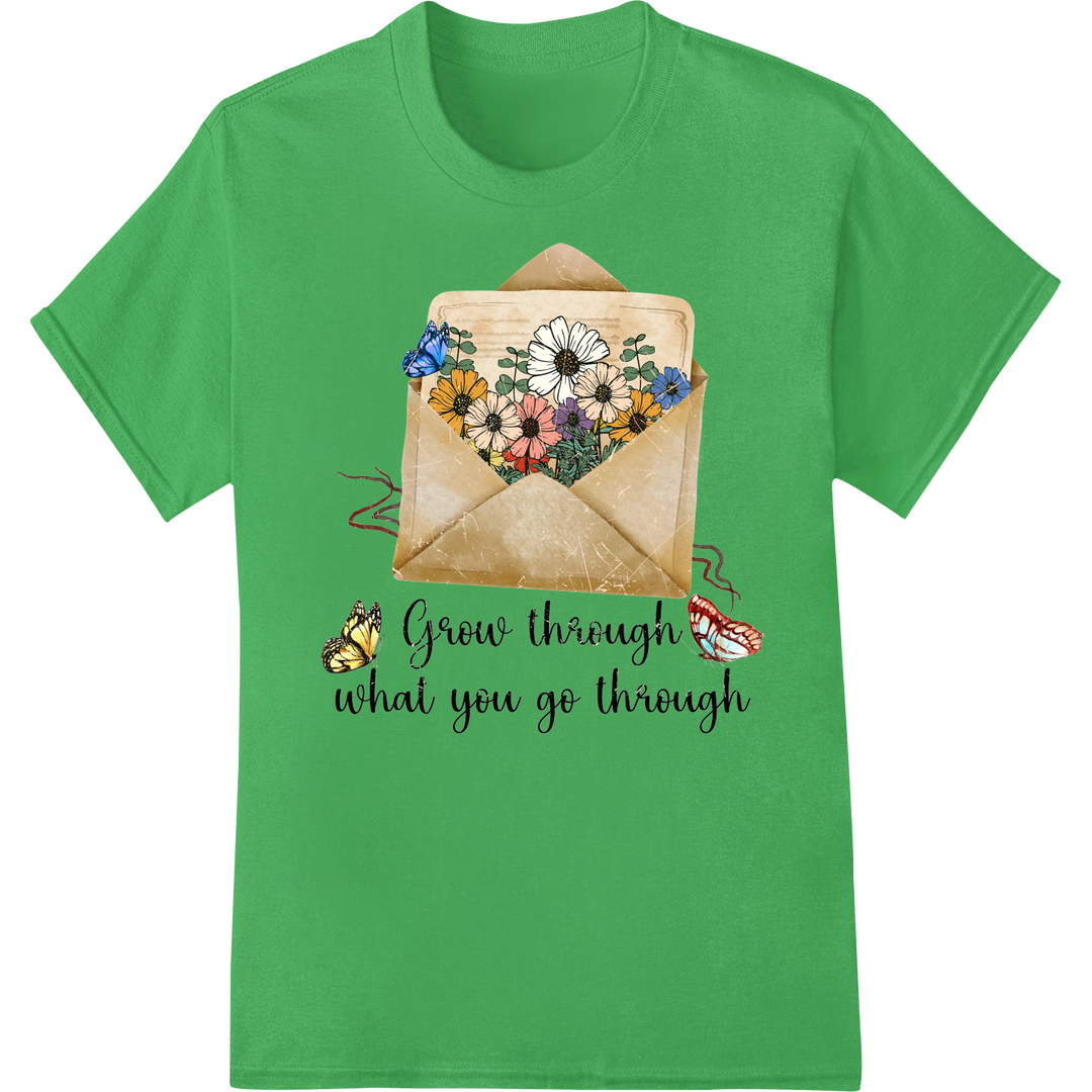 Retro Floral Inspiration: Grow Through What You Go Through on green shirt - SUPERDTF-DTF Prints-DTF Transfers-Custom DTF Prints