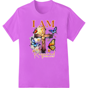 Cutting-edge innovative apparel printing featured on I AM Required Psalm 107:1 Easter Cross Butterfly Design