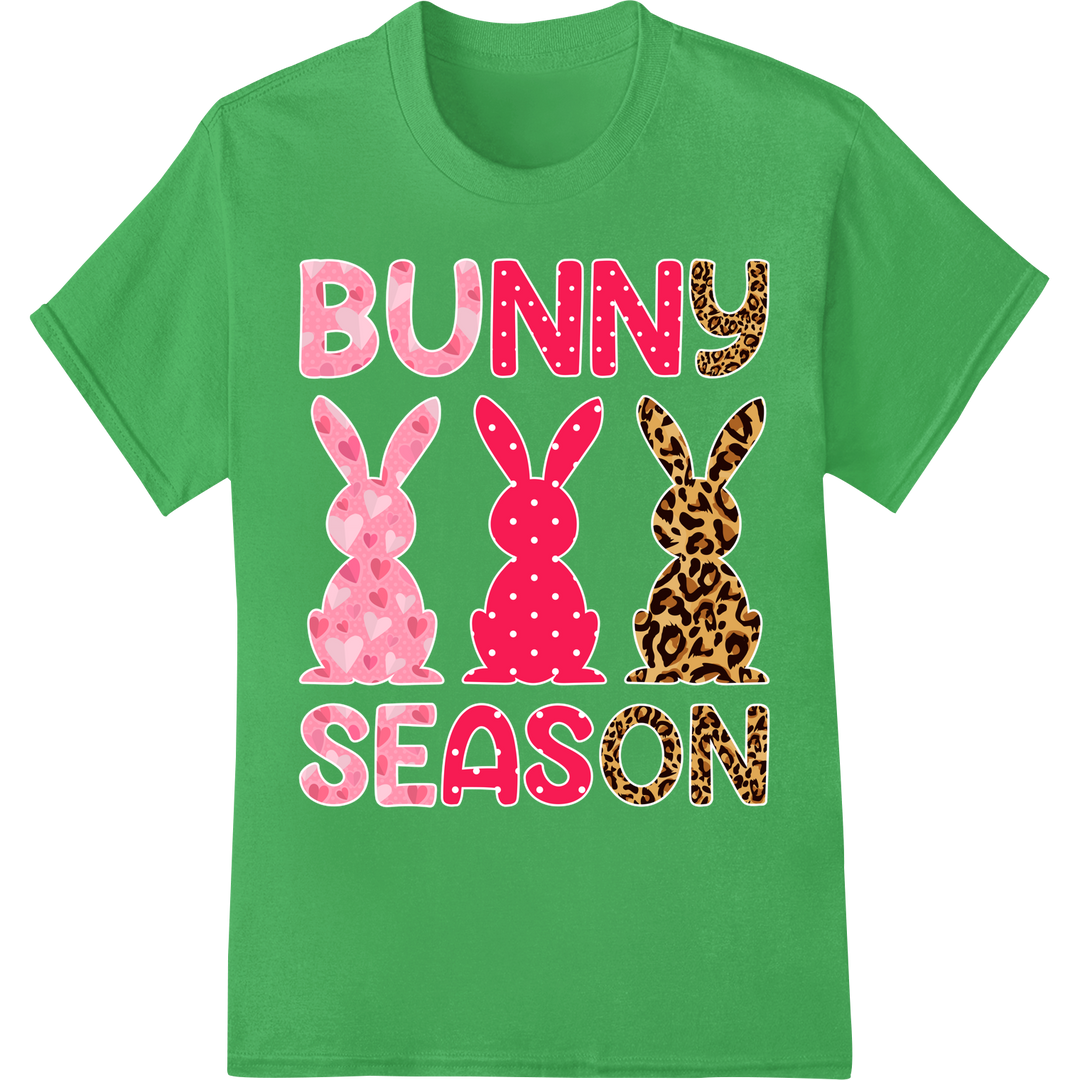 Hoppy Easter: Colorful Bunny Pattern DTF Transfer Print on green shirt - SUPERDTF-DTF Prints-DTF Transfers-Custom DTF Prints