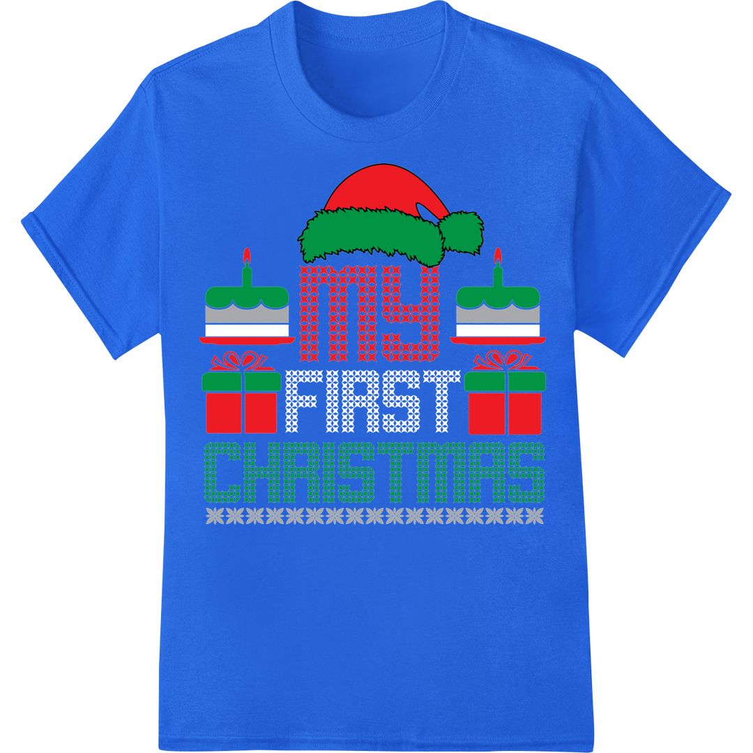 Festive "My Christmas" Santa Hat Heat Transfer Design on blue shirt - SUPERDTF-DTF Prints-DTF Transfers-Custom DTF Prints