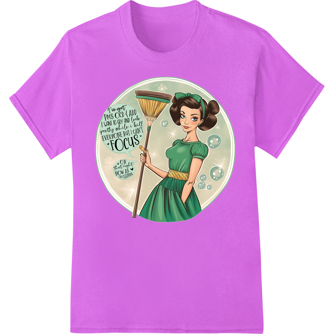 Retro Housewife: Clean House or Focus on God's Plan on purple shirt - SUPERDTF-DTF Prints-DTF Transfers-Custom DTF Prints