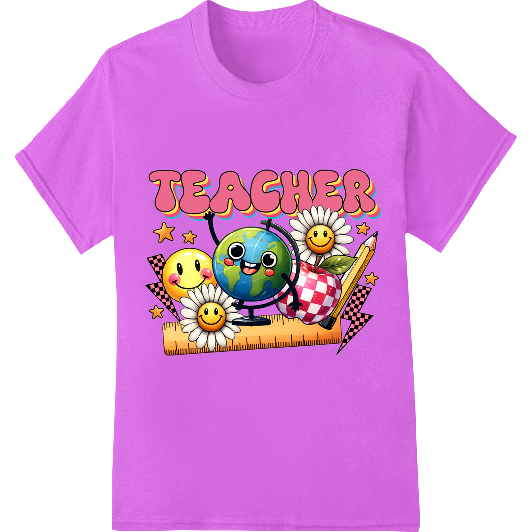 Adorable 'TEACHER' Globe Design Heat Transfer - Perfect Gift on purple shirt - SUPERDTF-DTF Prints-DTF Transfers-Custom DTF Prints