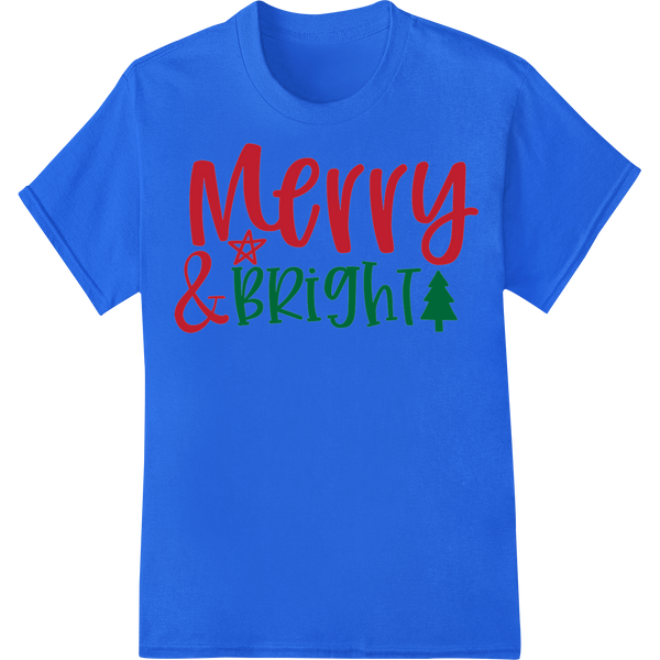 Festive 'Merry & Bright' Christmas Typography Design on blue shirt - SUPERDTF-DTF Prints-DTF Transfers-Custom DTF Prints