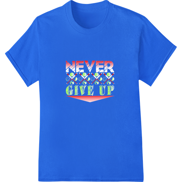 Never Give Up: Motivational Baseball DTF Print Transfer on blue shirt - SUPERDTF-DTF Prints-DTF Transfers-Custom DTF Prints