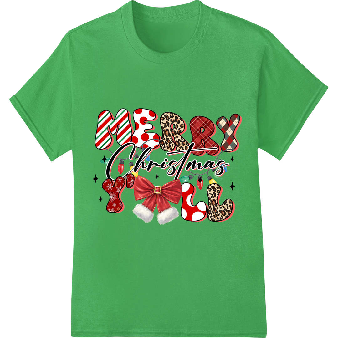 Festive Christmas Heat Transfer: Trendy Leopard Icons on green shirt - SUPERDTF-DTF Prints-DTF Transfers-Custom DTF Prints