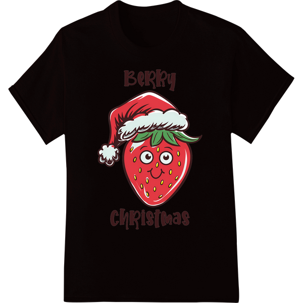 Berry Christmas: Cute Strawberry Santa Pun DTF Print on black shirt - SUPERDTF-DTF Prints-DTF Transfers-Custom DTF Prints