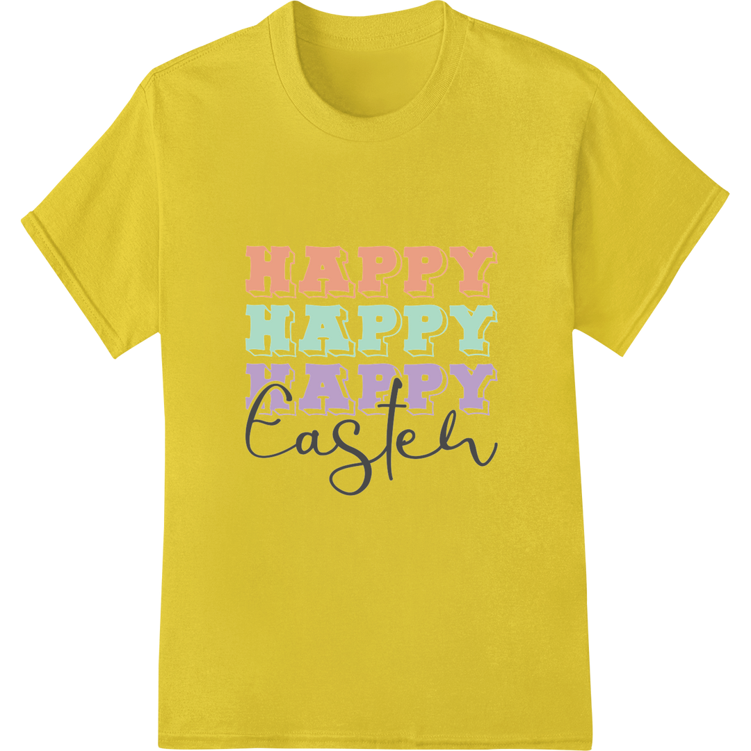 Retro 'Happy Happy Happy Easter' Typography DTF Print on yellow shirt - SUPERDTF-DTF Prints-DTF Transfers-Custom DTF Prints