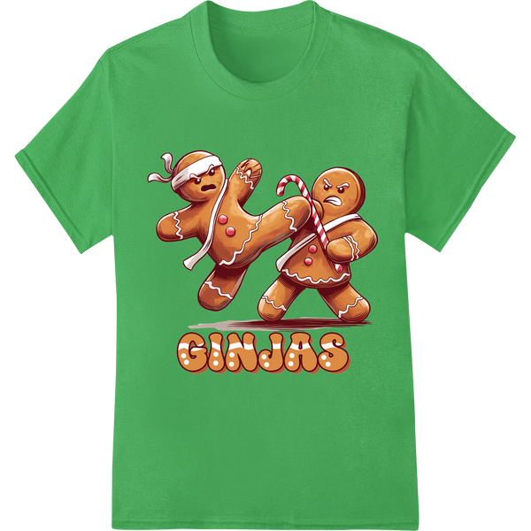 Ginjas: Karate-Chopping Gingerbread Ninjas for Christmas Fun on green shirt - SUPERDTF-DTF Prints-DTF Transfers-Custom DTF Prints