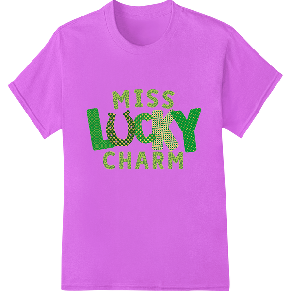 Miss Lucky Charm design featuring a stylized female figure with shamrock elements for St. Patrick's Day DTF print