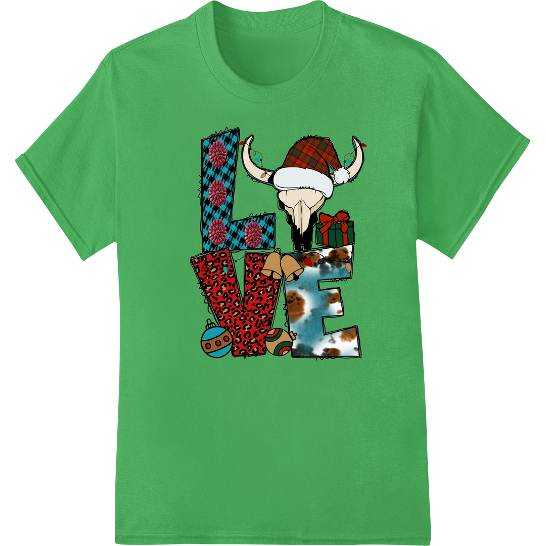 Festive Western Holiday Cheer: Cow Skull Santa DTF Print on green shirt - SUPERDTF-DTF Prints-DTF Transfers-Custom DTF Prints