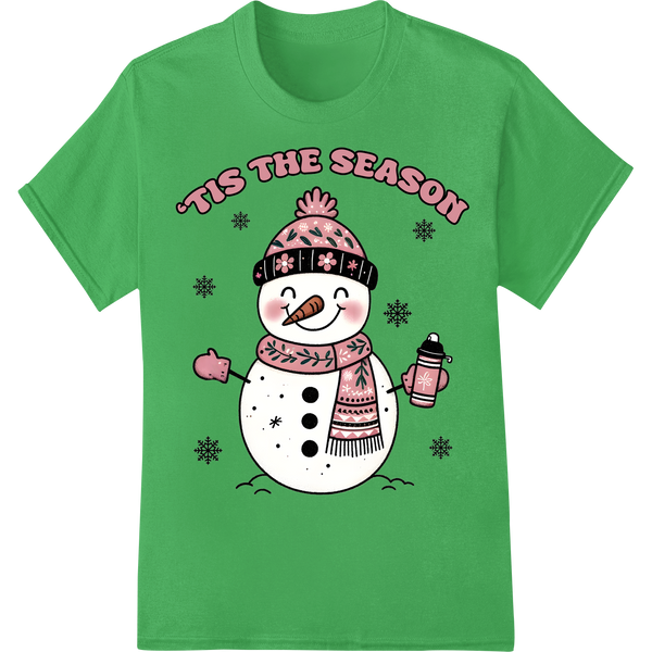 Adorable Pink Snowman Christmas DTF Print Heat Transfer on green shirt - SUPERDTF-DTF Prints-DTF Transfers-Custom DTF Prints