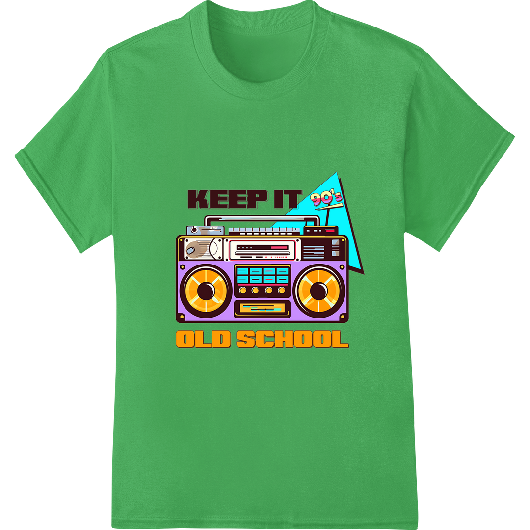 Retro 80s Boombox - Bold Purple & Orange DTF Print on green shirt - SUPERDTF-DTF Prints-DTF Transfers-Custom DTF Prints