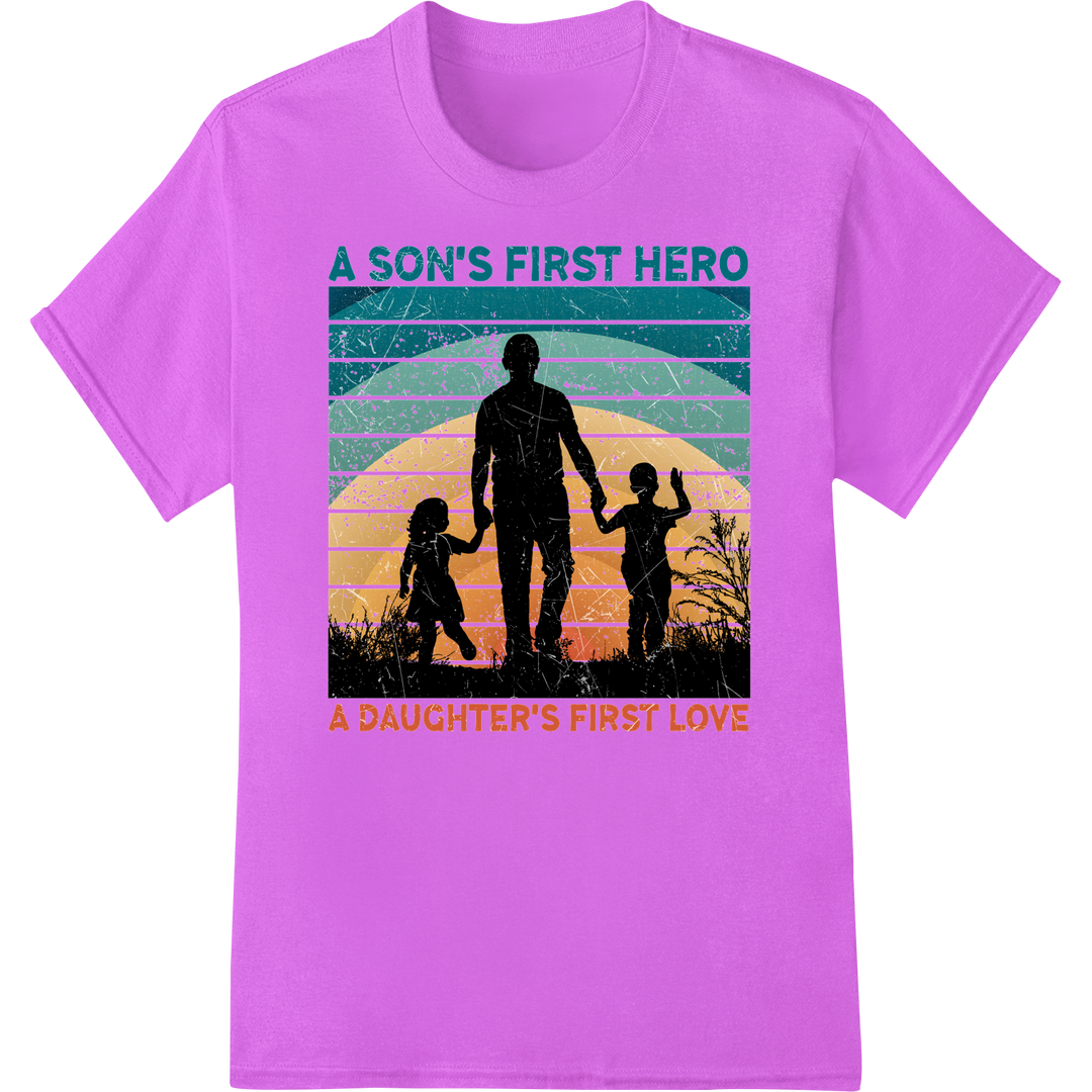 Retro Father's Day Print: A Son's Hero, A Daughter's Love on purple shirt - SUPERDTF-DTF Prints-DTF Transfers-Custom DTF Prints