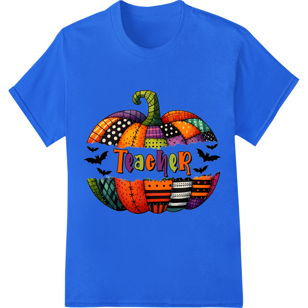 Patchwork Pumpkin Teacher Halloween DTF Heat Transfer on blue shirt - SUPERDTF-DTF Prints-DTF Transfers-Custom DTF Prints