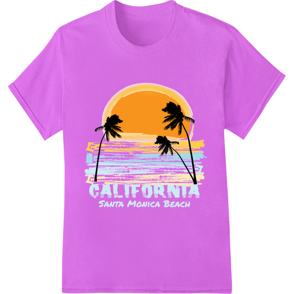 Retro Surfing Vibes: Santa Monica Beach California DTF Print on purple shirt - SUPERDTF-DTF Prints-DTF Transfers-Custom DTF Prints