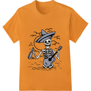 Cutting-edge custom merchandise featured on Skeletal Serenade: Day of the Dead Musician Heat Transfer