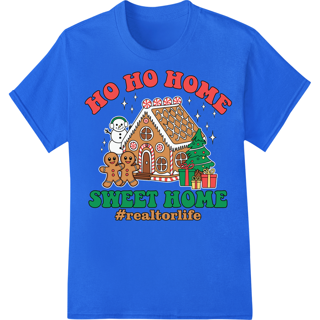 Ho Ho Home Sweet Home: Festive Realtor Gingerbread DTF Print on blue shirt - SUPERDTF-DTF Prints-DTF Transfers-Custom DTF Prints