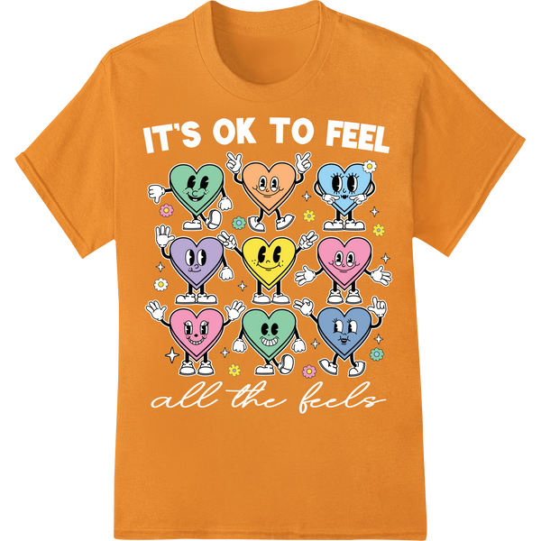 Embrace Your Emotions: Colorful Heart Characters DTF Print on orange shirt - SUPERDTF-DTF Prints-DTF Transfers-Custom DTF Prints