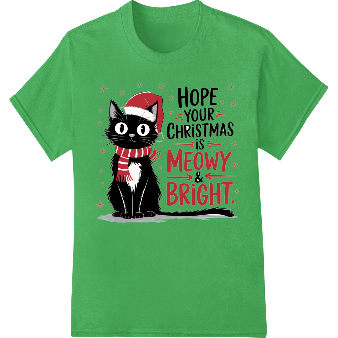 Adorable Cat Christmas DTF Print - Meowy & Bright Holiday on green shirt - SUPERDTF-DTF Prints-DTF Transfers-Custom DTF Prints