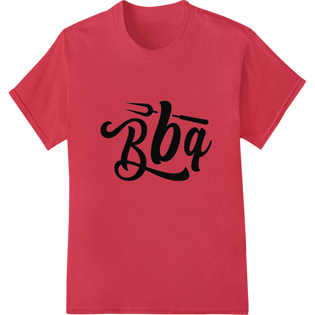 Bold 'bbq' DTF Print Heat Transfer | Grill Master Must-Have on red shirt - SUPERDTF-DTF Prints-DTF Transfers-Custom DTF Prints