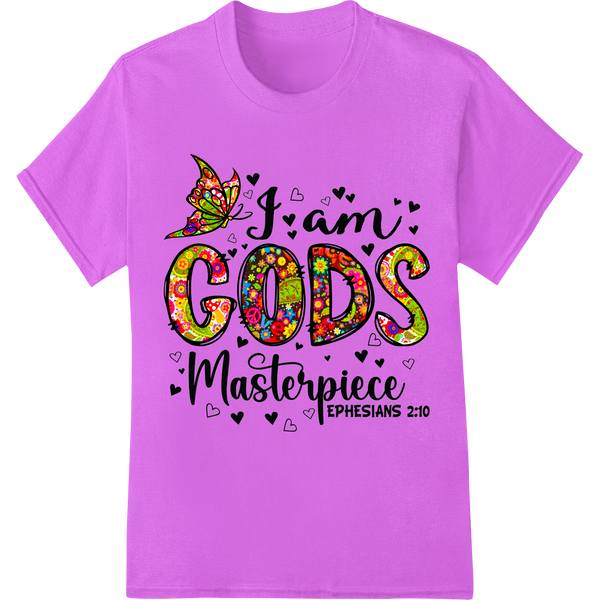 "I am God's Masterpiece" Ephesians 2:10 Heat Transfer on purple shirt - SUPERDTF-DTF Prints-DTF Transfers-Custom DTF Prints