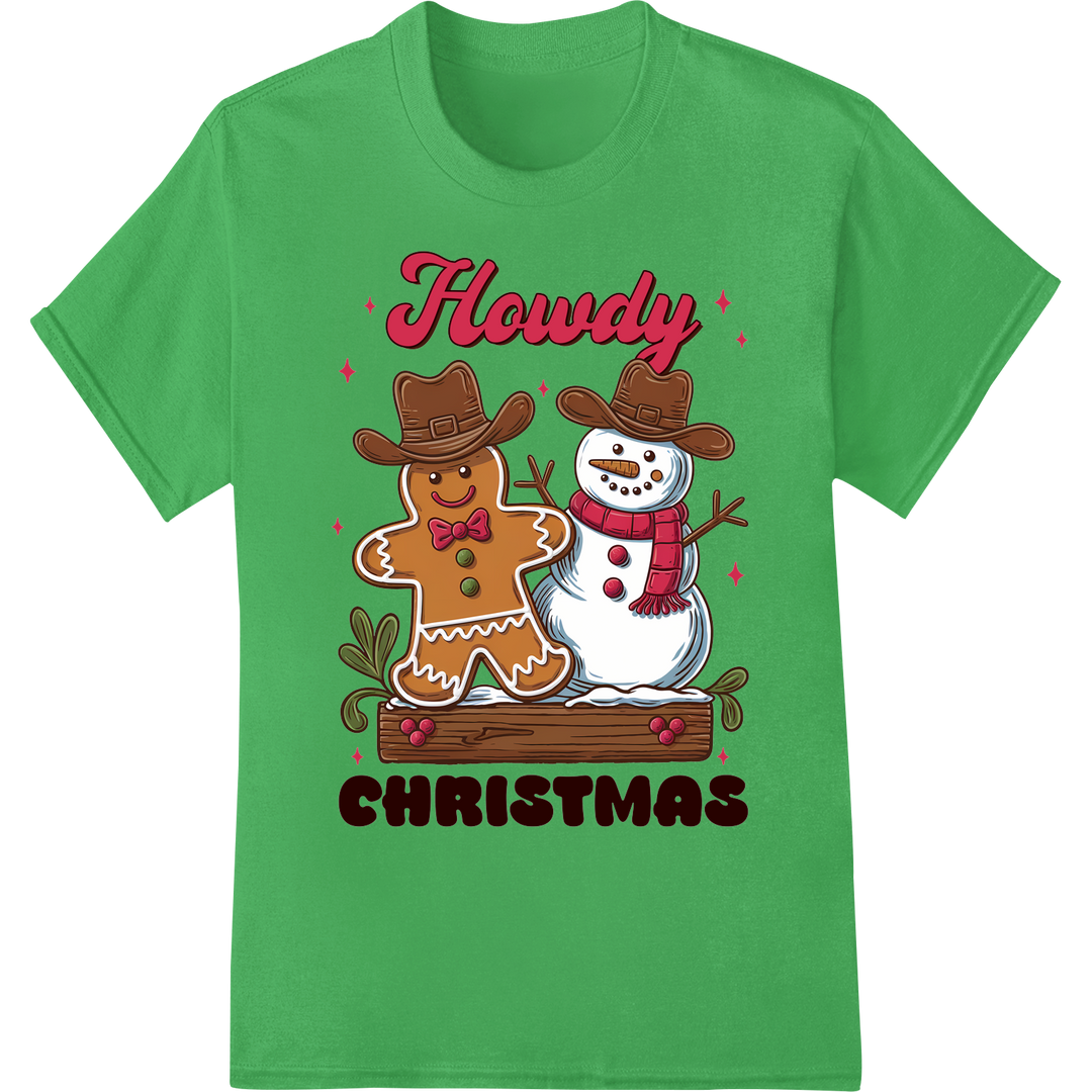 Howdy Christmas: Cowboy Gingerbread Fun DTF Transfer Print on green shirt - SUPERDTF-DTF Prints-DTF Transfers-Custom DTF Prints