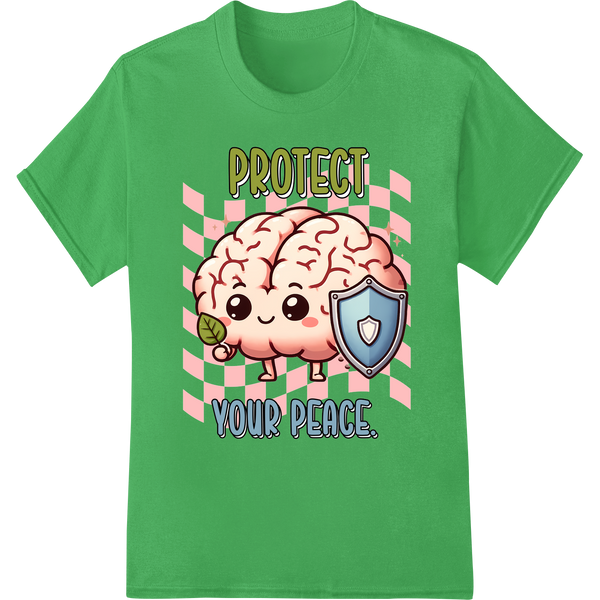 Adorable Brain Protects Peace | Mental Health DTF Print on green shirt - SUPERDTF-DTF Prints-DTF Transfers-Custom DTF Prints