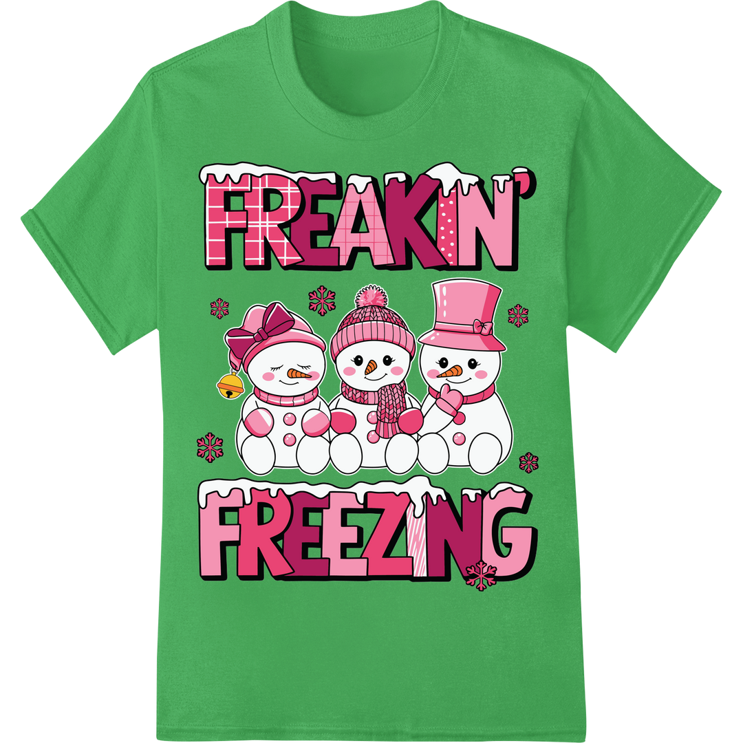 Adorable Frosty Snowmen DTF Print Heat Transfer | Winter on green shirt - SUPERDTF-DTF Prints-DTF Transfers-Custom DTF Prints