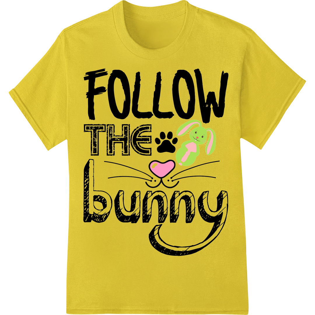 Hop into Easter Fun: Follow the Bunny DTF Print Transfer on yellow shirt - SUPERDTF-DTF Prints-DTF Transfers-Custom DTF Prints