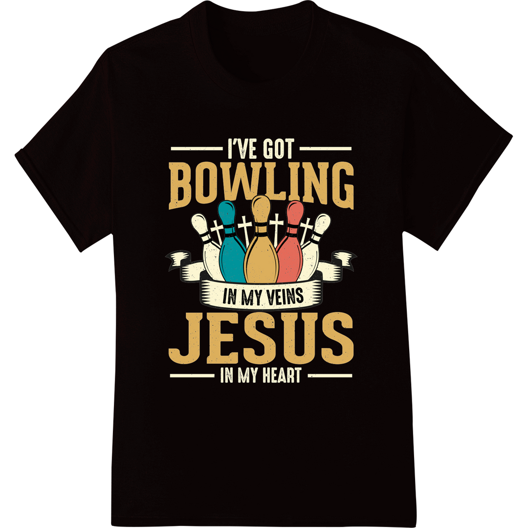 Bowling Passion Meets Faith: Striking Jesus Pin Design on black shirt - SUPERDTF-DTF Prints-DTF Transfers-Custom DTF Prints