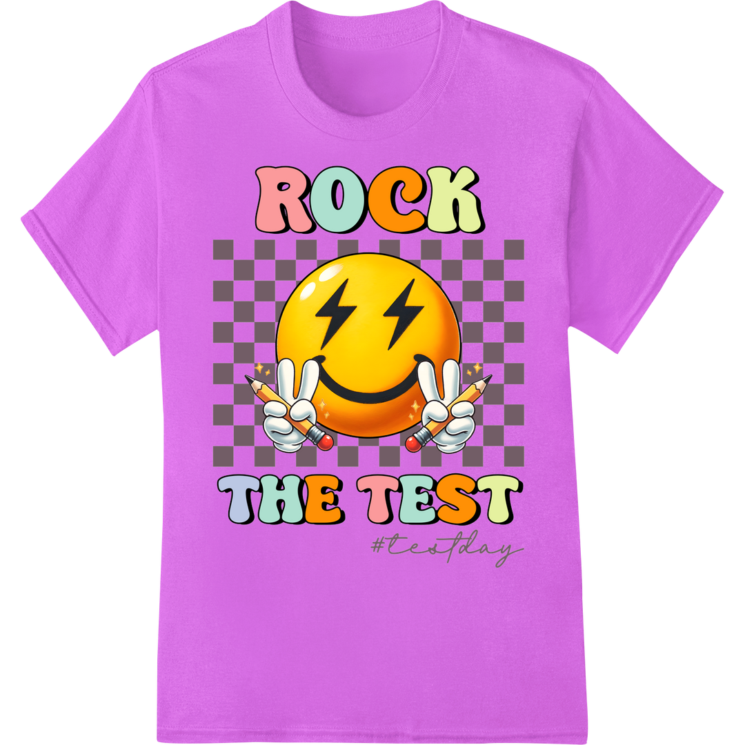 Ace Your Exams with This Fun 'Rock the Test' Emoji DTF Print on purple shirt - SUPERDTF-DTF Prints-DTF Transfers-Custom DTF Prints