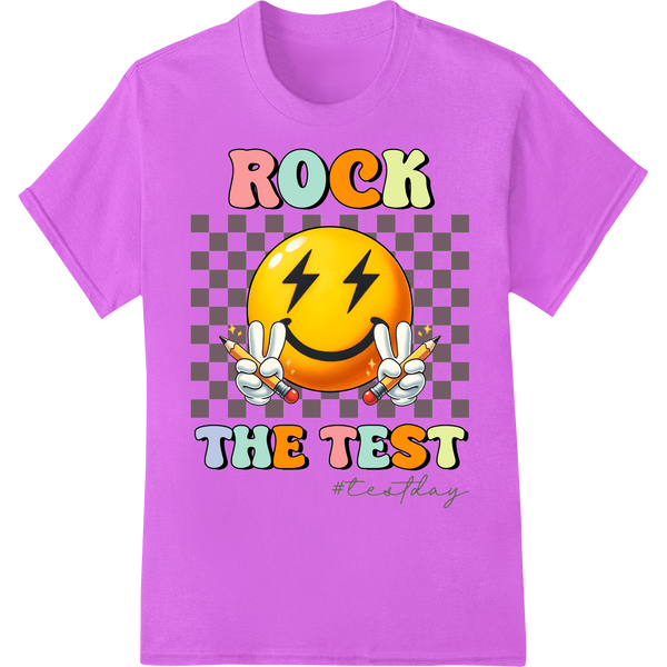 Ace Your Exams with This Fun 'Rock the Test' Emoji DTF Print on purple shirt - SUPERDTF-DTF Prints-DTF Transfers-Custom DTF Prints