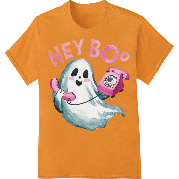 Cute Ghost Says "HEY BOO" - Playful Halloween DTF Print on orange shirt - SUPERDTF-DTF Prints-DTF Transfers-Custom DTF Prints