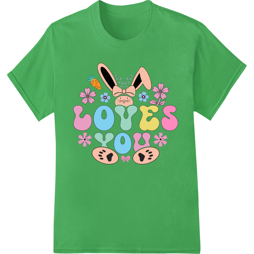 Retro Easter Bunny Loves You DTF Print Heat Transfer on green shirt - SUPERDTF-DTF Prints-DTF Transfers-Custom DTF Prints