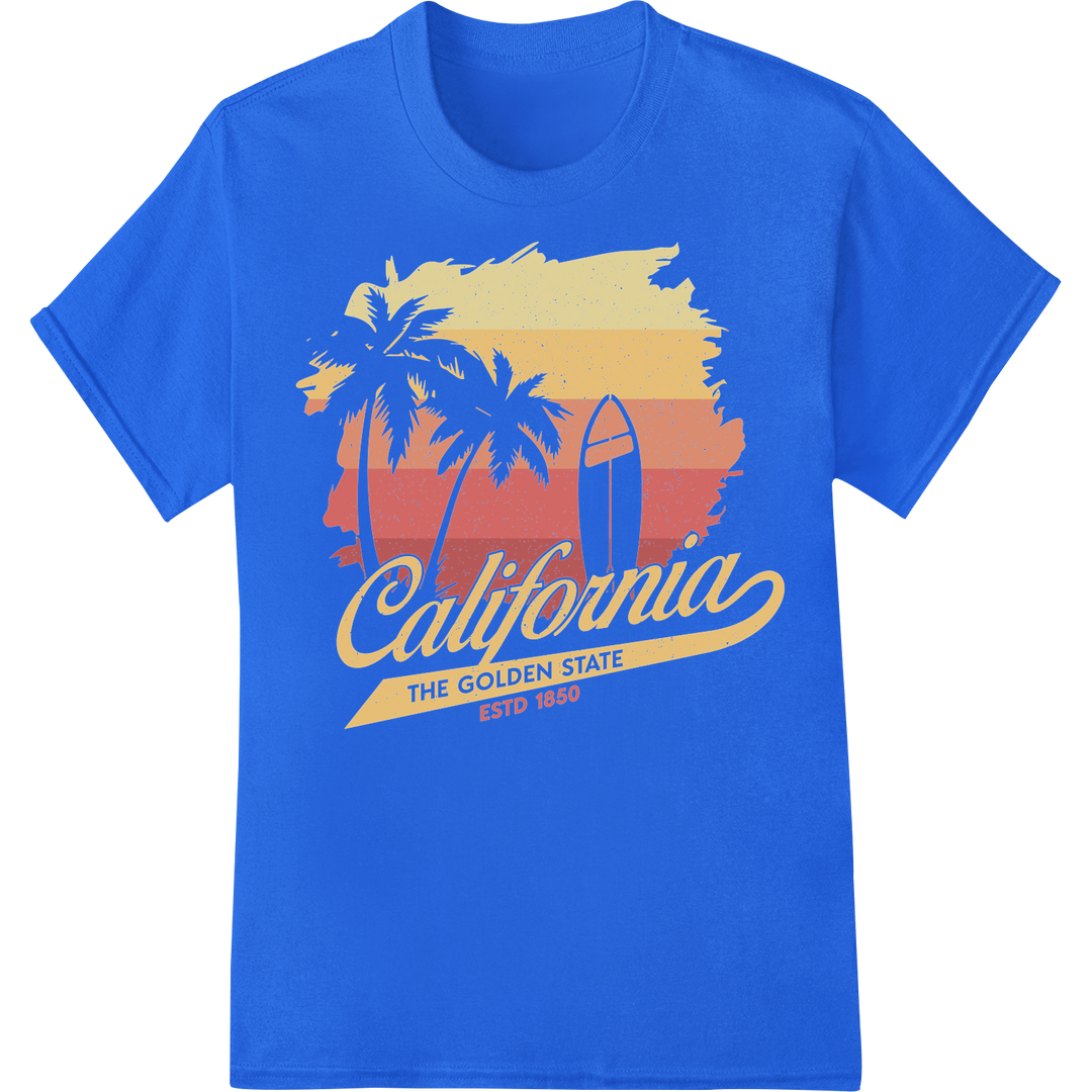 Vintage California Golden State Retro Tee DTF Print Transfer on blue shirt - SUPERDTF-DTF Prints-DTF Transfers-Custom DTF Prints