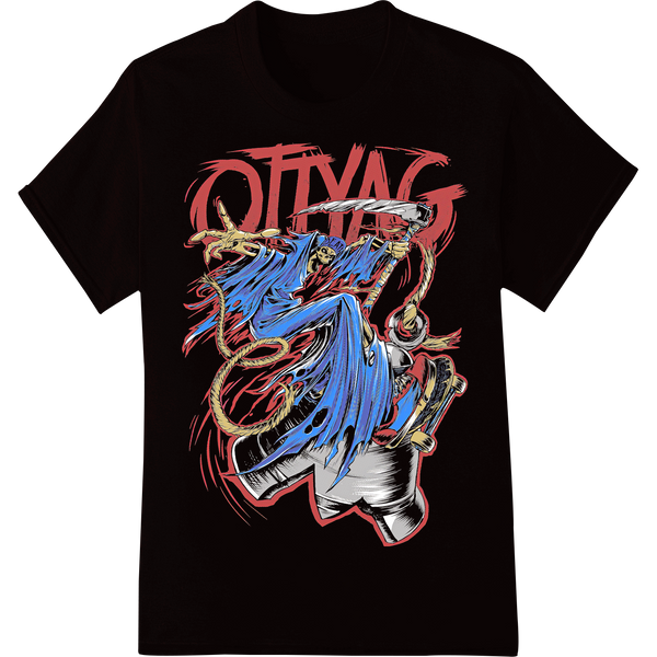 Oinas: Mythical Creature in Bold Red & Blue Illustration on black shirt - SUPERDTF-DTF Prints-DTF Transfers-Custom DTF Prints