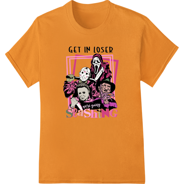 Darkly humorous illustration of an edgy slasher squad character with bloody knife and Halloween theme for DTF printing.