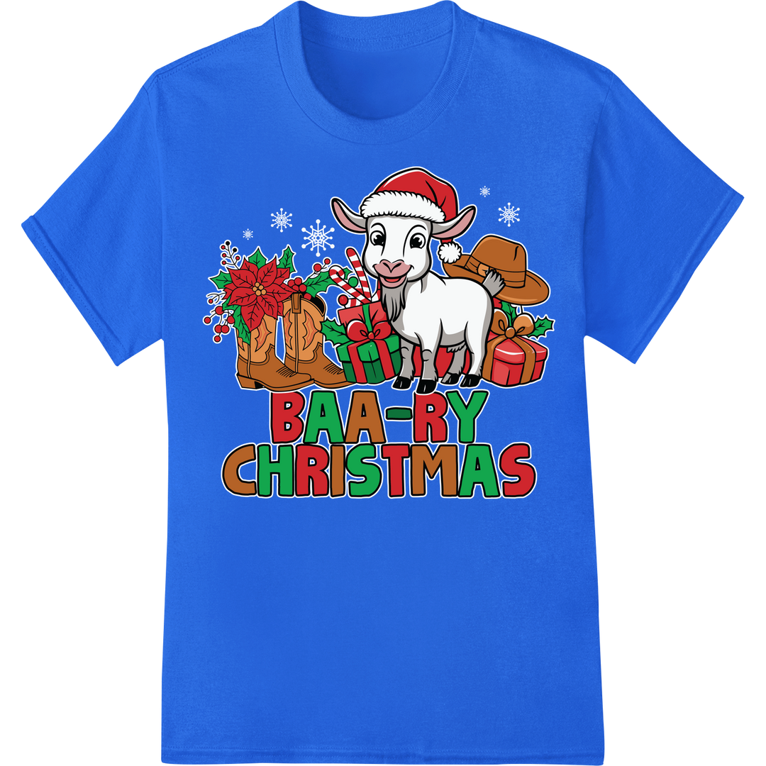 Festive 'Baa-ry Christmas' Goat DTF Print Heat Transfer on blue shirt - SUPERDTF-DTF Prints-DTF Transfers-Custom DTF Prints