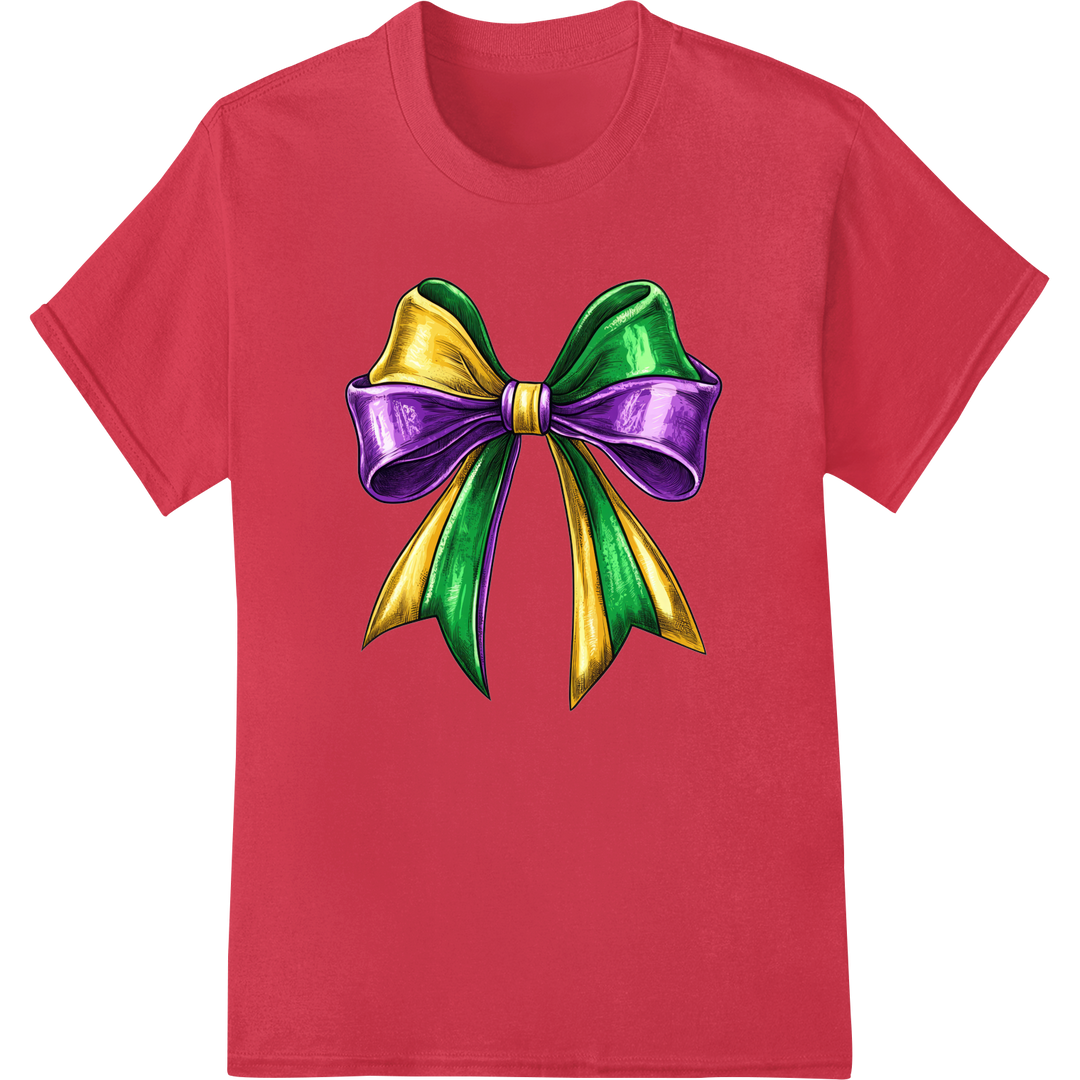 Vibrant Mardi Gras Bow - Festive Super DTF Heat Transfer Print on red shirt - SUPERDTF-DTF Prints-DTF Transfers-Custom DTF Prints