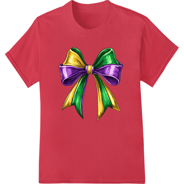 Vibrant Mardi Gras Bow - Festive Super DTF Heat Transfer Print on red shirt - SUPERDTF-DTF Prints-DTF Transfers-Custom DTF Prints