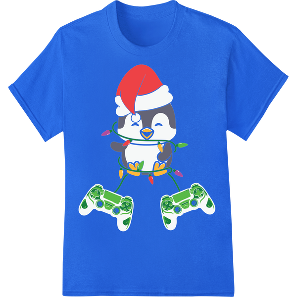 Retro 8-Bit Christmas Penguin Gamer DTF Print Heat Transfer on blue shirt - SUPERDTF-DTF Prints-DTF Transfers-Custom DTF Prints