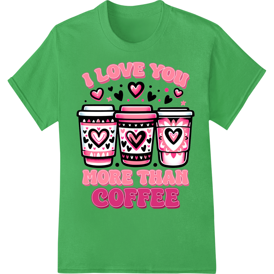 I Love You More Than Coffee Valentine DTF Print Transfer on green shirt - SUPERDTF-DTF Prints-DTF Transfers-Custom DTF Prints