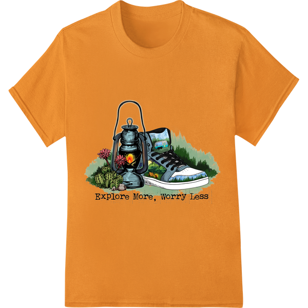 Adventurous Hiking Boots: Explore More, Worry Less on orange shirt - SUPERDTF-DTF Prints-DTF Transfers-Custom DTF Prints