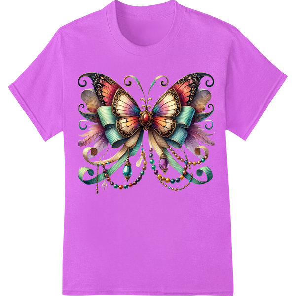 Vibrant Mardi Gras Butterfly Bow DTF Print | Festive Accessory on purple shirt - SUPERDTF-DTF Prints-DTF Transfers-Custom DTF Prints